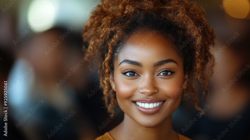 A young woman beams with joy, showcasing her beautiful curls amidst the lively atmosphere of a social event A young woman beams with joy, showcasing her beautiful curls amidst the lively atmosphere of a social event