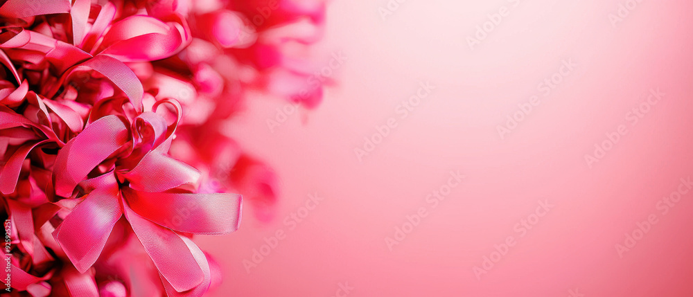 Close-up of vibrant pink ribbons creating a decorative and festive background with copy space on a pink backdrop. Close-up of vibrant pink ribbons creating a decorative and festive background with copy space on a pink backdrop.