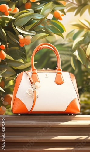 Elegant White Purse with Orange Handle on Wooden Surface, Accented by Oranges and Plants, Exuding Brand Concept on a Clean Background. photo