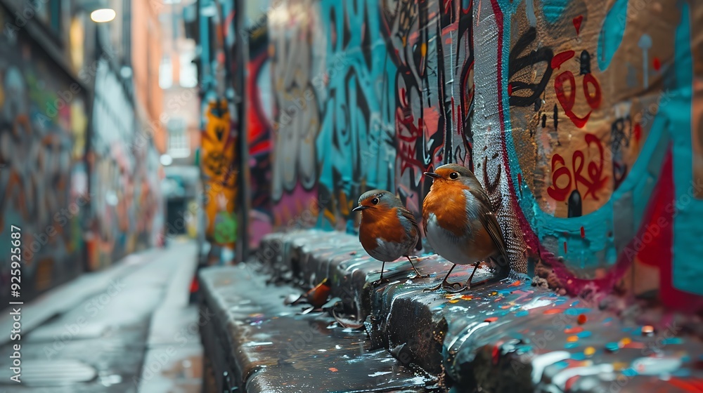 Obraz premium Two robins sitting on a colorful graffiti wall in a narrow city alleyway with urban textures.