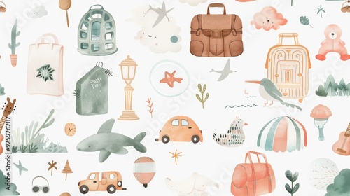 Set of holiday elements travel decoration watercolor decoration