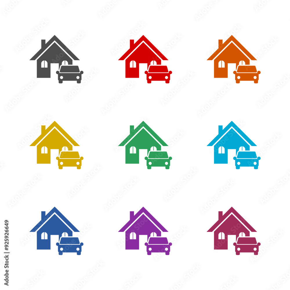 Car and house icon isolated on white background. Set icons colorful Car and house icon isolated on white background. Set icons colorful