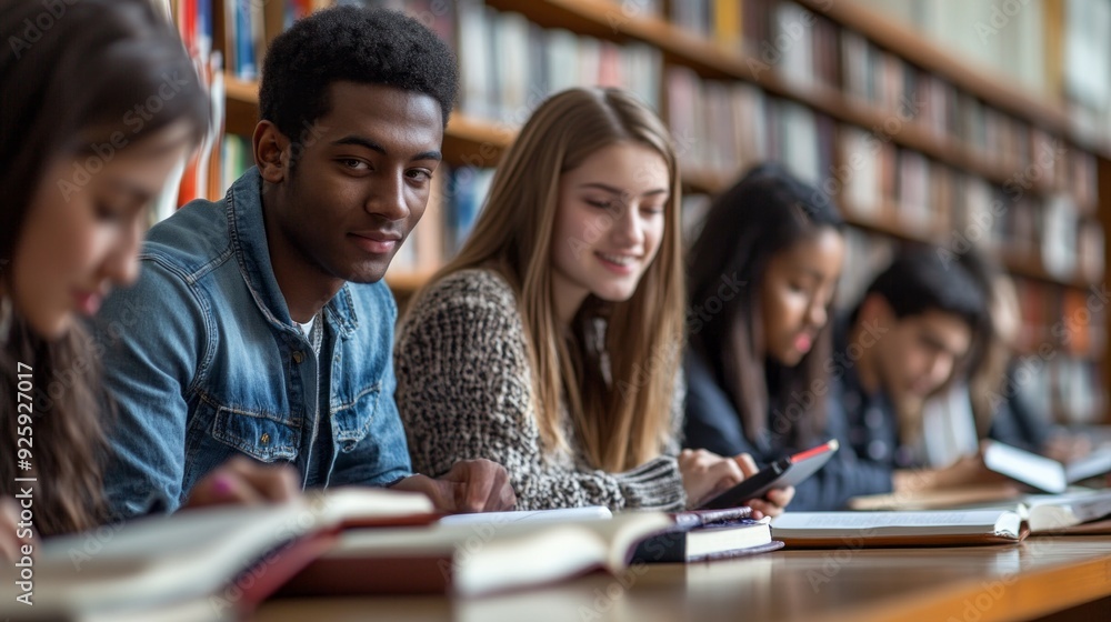 Young adults immersed in study, sharing ideas and resources in a vibrant library environment full of books Young adults immersed in study, sharing ideas and resources in a vibrant library environment full of books