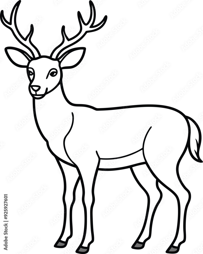 An outline illustration of a deer, standing gracefully with antlers visible, drawn with elegant and slender lines on a white background. An outline illustration of a deer, standing gracefully with antlers visible, drawn with elegant and slender lines on a white background.