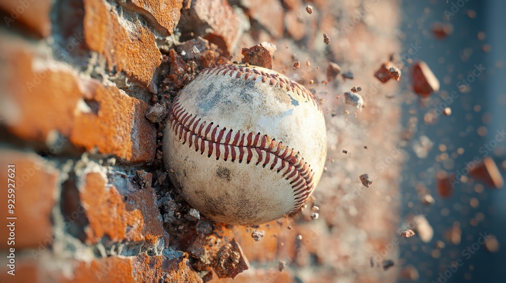 A Baseball hits through a red brick wall,Baseball ball flying through the wall with cracks,concept of strength,home run,Baseball player hitting ball with bat in close up,sport day,space for text. A Baseball hits through a red brick wall,Baseball ball flying through the wall with cracks,concept of strength,home run,Baseball player hitting ball with bat in close up,sport day,space for text.