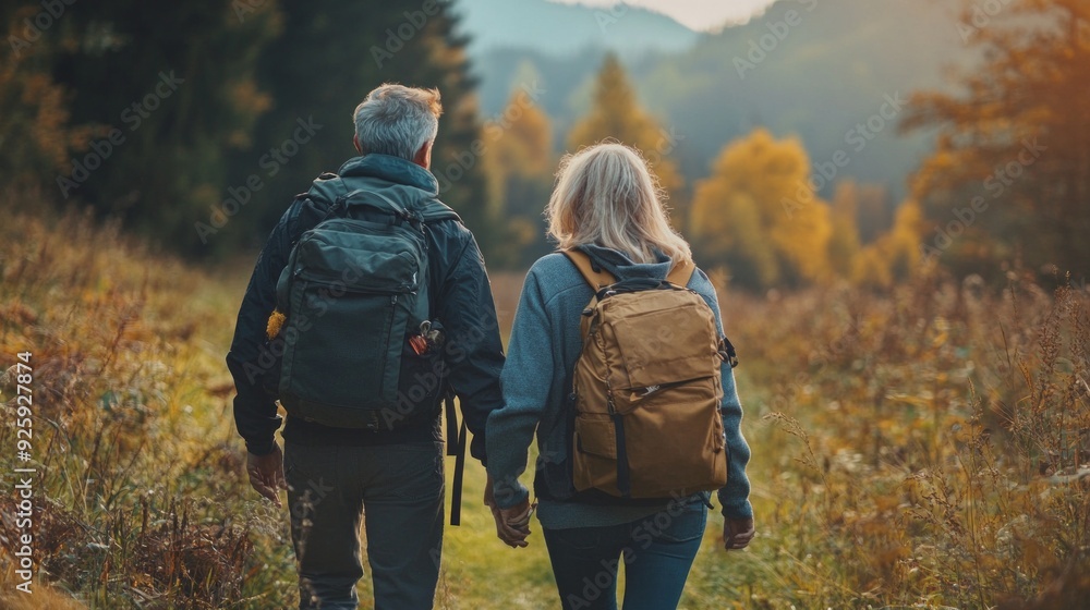 A couple strolls hand in hand through golden autumn foliage, surrounded by trees under a warm, dusky sky