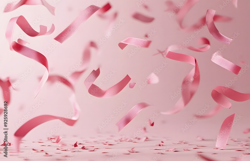 Pink Breast Cancer Awareness Ribbon. Flying pink ribbons on pink background Pink Breast Cancer Awareness Ribbon. Flying pink ribbons on pink background