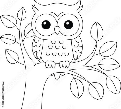 Cute cartoon character owl on the tree coloring page 