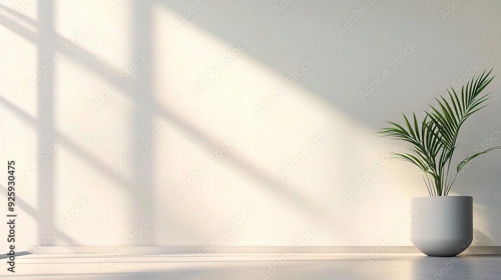 Sunlit Simplicity: A single potted palm tree stands gracefully against a minimalist backdrop, bathed in soft sunlight streaming through a window. The image evokes a sense of tranquility and serenity. Sunlit Simplicity: A single potted palm tree stands gracefully against a minimalist backdrop, bathed in soft sunlight streaming through a window. The image evokes a sense of tranquility and serenity.