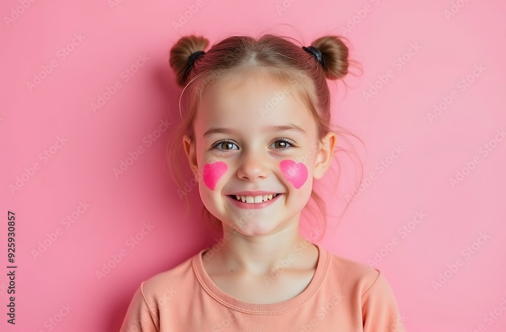 Cheerful girl with heart face paint on pink background, perfect for National Hispanic Heritage Month, suitable for marketing, emotional connection, education, children's events, campaigns, Cheerful girl with heart face paint on pink background, perfect for National Hispanic Heritage Month, suitable for marketing, emotional connection, education, children's events, campaigns,