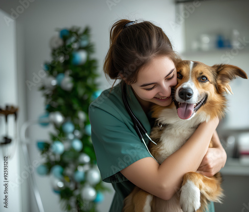 A vet hugging a dog in his clinic after successful treatment and grooming photo