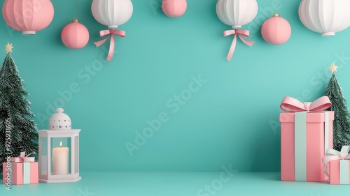 A whimsical festive setup featuring pastel decorations, trees, and gifts, ideal for holiday celebrations and cheerful gatherings. 3D Render