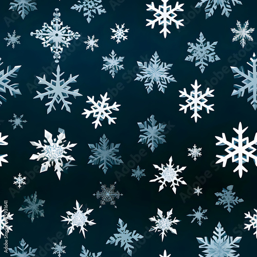 Beautiful Blue, White Seamless Christmas Snowflakes. Seamless Minimalist Snowflakes on Dark Blue Background. Tile Background for Packaging, Fabric, Textile, Decor, Wrap, Invitation Card and Fashion