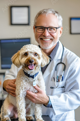 A vet hugging a dog in his clinic after successful treatment and grooming photo