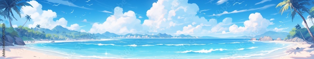 Charming Beachscape Delight: A Daytime Paradise of Palm Trees on a Pristine Shoreline, Anime-Style Abstract Art for Gaming and Storybook Illustrations. Charming Beachscape Delight: A Daytime Paradise of Palm Trees on a Pristine Shoreline, Anime-Style Abstract Art for Gaming and Storybook Illustrations.