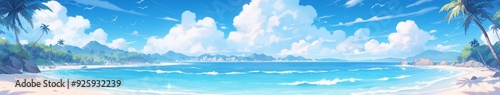 Charming Beachscape Delight: A Daytime Paradise of Palm Trees on a Pristine Shoreline, Anime-Style Abstract Art for Gaming and Storybook Illustrations.