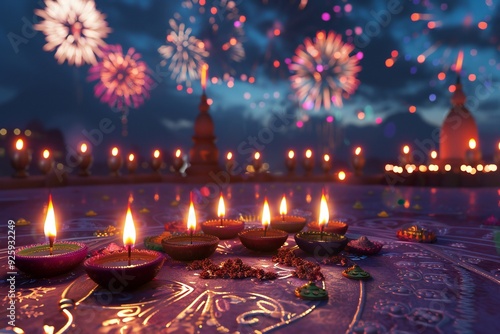 Colorful 3D render of a Diwali festival with lit diyas, rangoli designs, and fireworks in the night sky , created ai photo