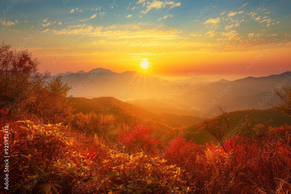 Mountain Ridge Sunset with Golden Light and Foliage Mountain Ridge Sunset with Golden Light and Foliage