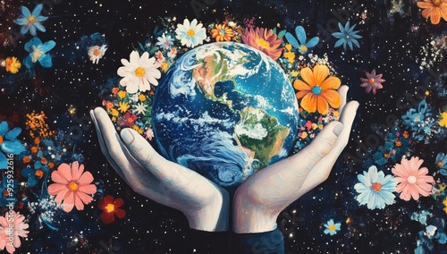 Hands holding Earth surrounded by flowers and stars.