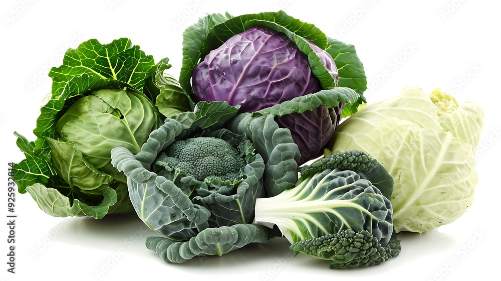 Fototapeta premium Winter cabbage heads, green and purple, isolated on a white background.