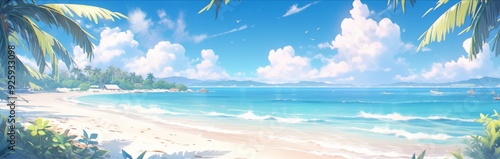 Charming Beachscape Delight: A Daytime Paradise of Palm Trees on a Pristine Shoreline, Anime-Style Abstract Art for Gaming and Storybook Illustrations. photo