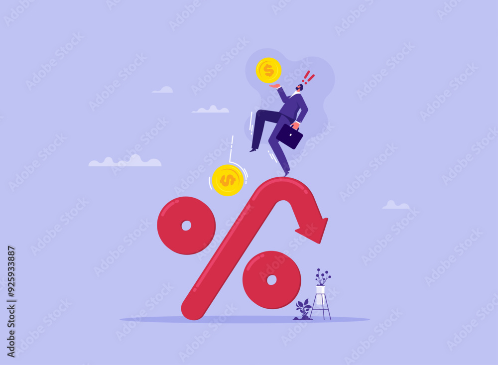 Fototapeta premium Profit fall in economic recession concept, inflation or interest rate falling down, decrease or reduction, stock market value loss, businessman holding money coin on percentage sign with falling down