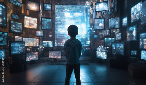 A boy, approximately 10-15 years old, stands in the center of the frame, facing a holographic screen.