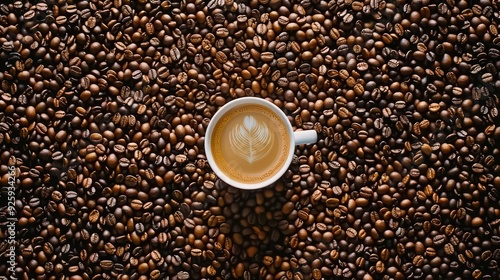 cup of coffee on top of the coffee beans