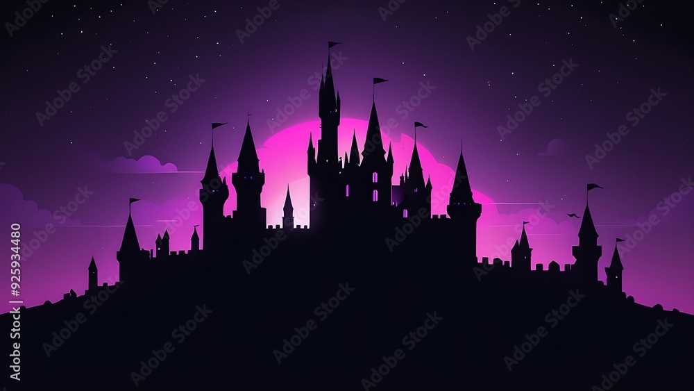 Silhouette castle against purple night sky with stars. Suitable for fantasy book covers, travel posters, and magical backgrounds. Silhouette castle against purple night sky with stars. Suitable for fantasy book covers, travel posters, and magical backgrounds.