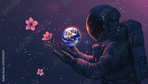 Wallpaper Mural An astronaut holding Earth in space with flowers. Torontodigital.ca