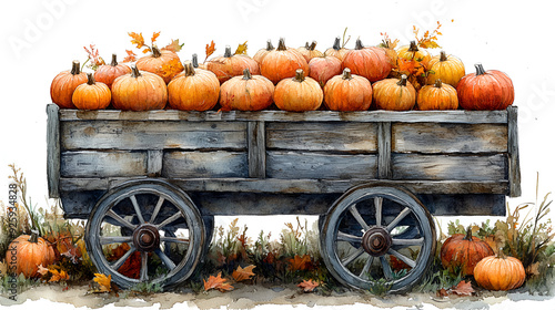 Autumn Harvest: Watercolor Painting of Sunflowers and Pumpkins in a Wagon