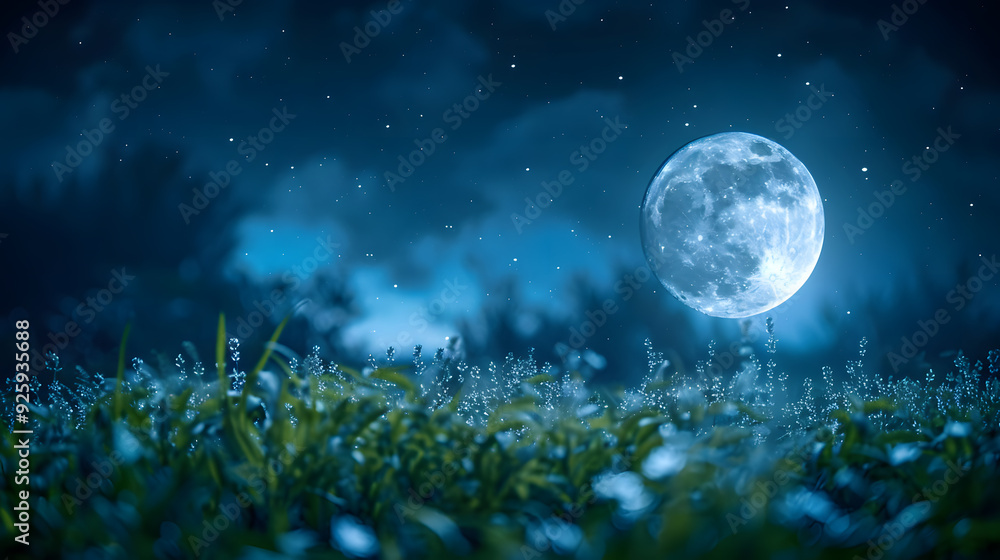 Fototapeta premium Big moon in night sky over green hills and fields.