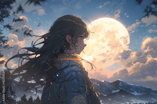 Lone Anime Girl Gazing at the Full Moon: A Whimsical Abstract Art Piece for Gaming, Storybook Illustrations, and 4K Wallpapers photo