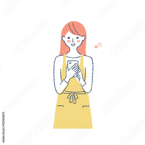 スマートフォンを操作しているエプロン姿の女性