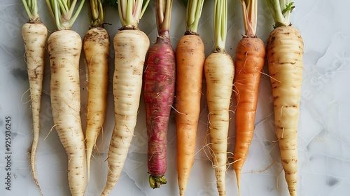 Winter root vegetables, carrots, and parsnips, on a white surface.