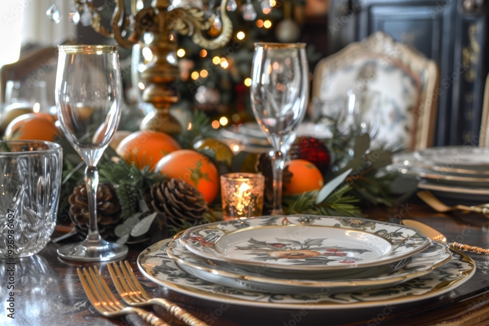 A beautifully decorated Christmas table setting with candles, evergreen branches, red and gold ornaments, and a festive tablecloth, warm and inviting
A beautifully decorated Christmas table setting with candles, evergreen branches, red and gold ornaments, and a festive tablecloth, warm and inviting