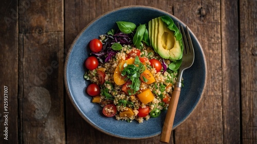 Vibrant quinoa bowl with fresh vegetables and avocado on rustic wooden table