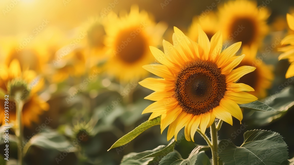 Fototapeta premium Vibrant Sunflower Field at Golden Hour with Warm Sunlight and Blooming Flowers