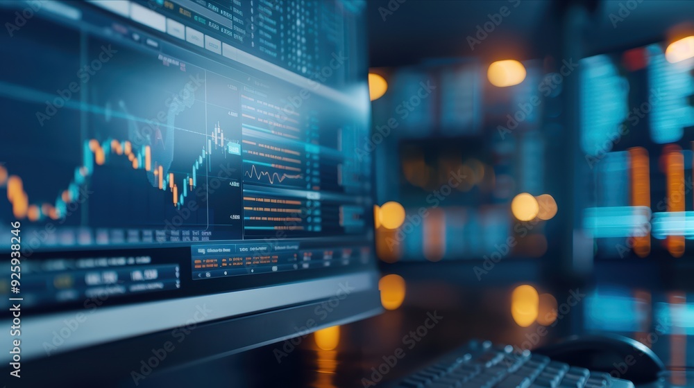 Modern Financial Trading Desk with Multiple Monitors Displaying Stock Market Data and Graphs in a Dimly Lit Office Modern Financial Trading Desk with Multiple Monitors Displaying Stock Market Data and Graphs in a Dimly Lit Office