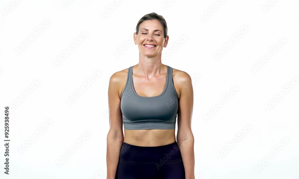 Portrait of a happy fitness woman smiling against a white background. Portrait of a happy fitness woman smiling against a white background.