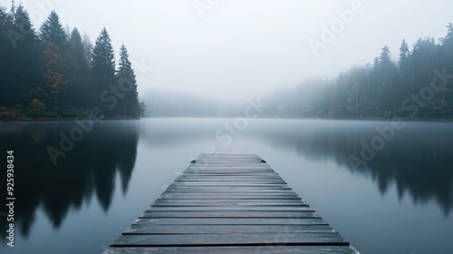 Serene Wooden Dock Extending into a Misty Lake Surrounded by Fog and Pine Trees in a Tranquil Forest Setting