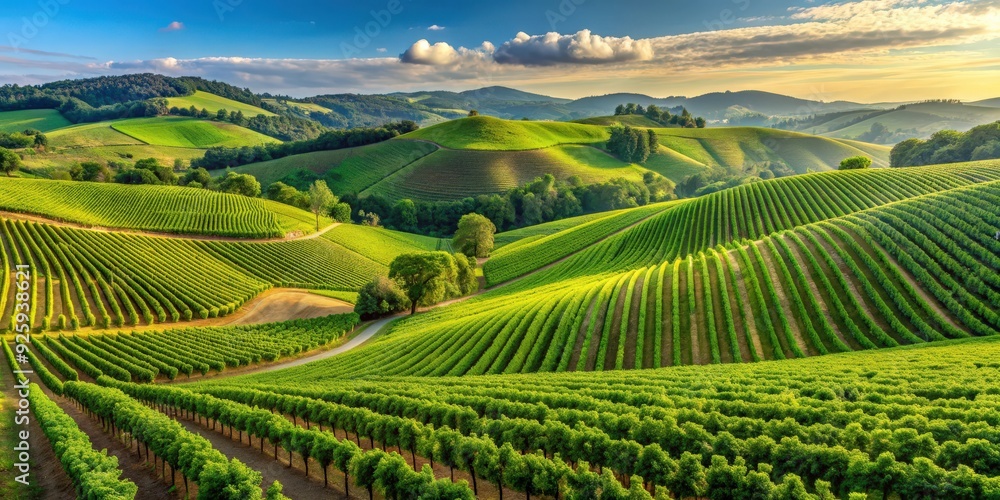 Fototapeta premium Panoramic view of lush green vineyards stretching across the rolling hills , vineyards, panoramic view