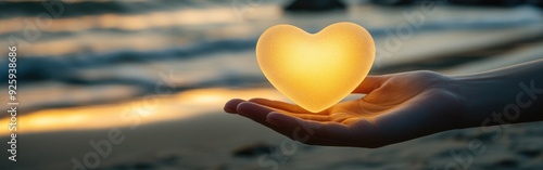 A luminous heart floats gently above a hand by the ocean during sunset photo