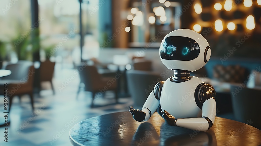 A white humanoid robot with blue eyes is sitting at a table in a cafe. A white humanoid robot with blue eyes is sitting at a table in a cafe.