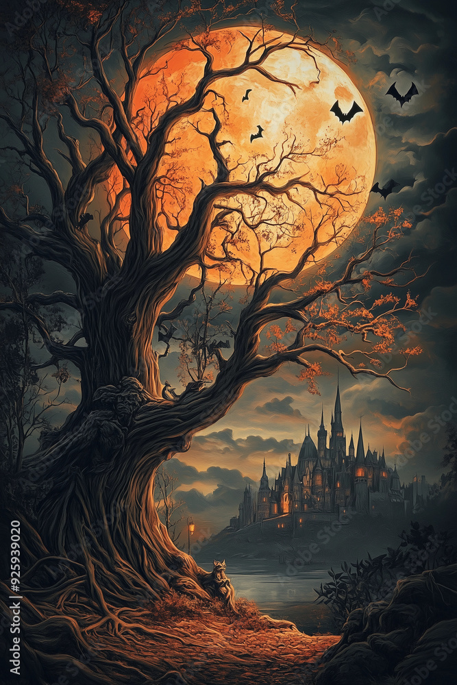 Fototapeta premium halloween background with castle, halloween scene with moon, dead tree, bats, castle