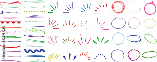 hand drawn doodle sparkle, circle line, and shape vector set. scribble, highlight, underline, symbol in various styles and patterns for design elements