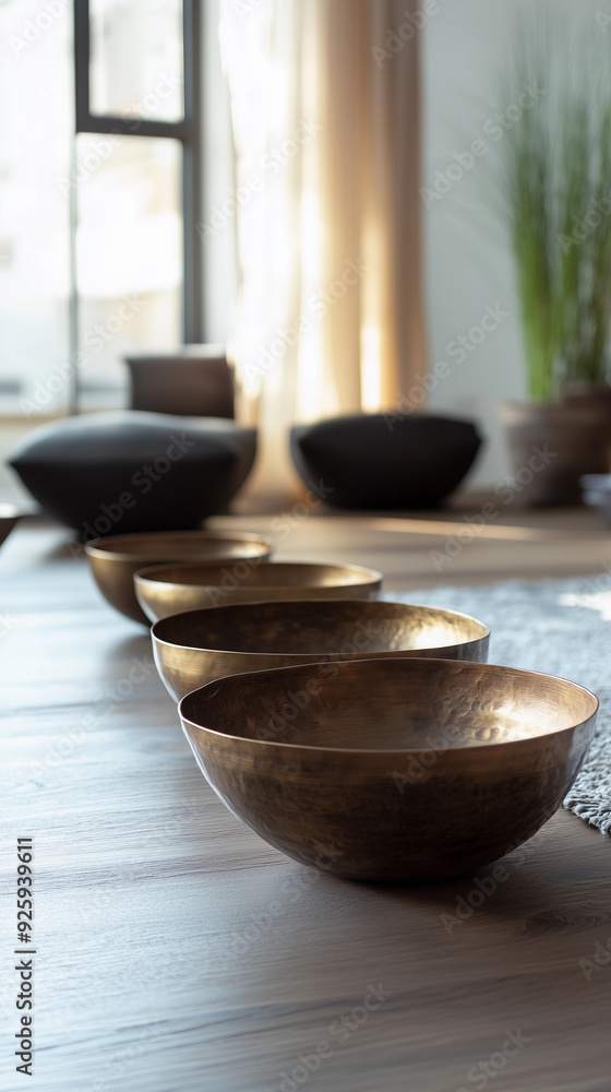 singing bowls in a living room, daylight, minimalism. singing bowls in a living room, daylight, minimalism.