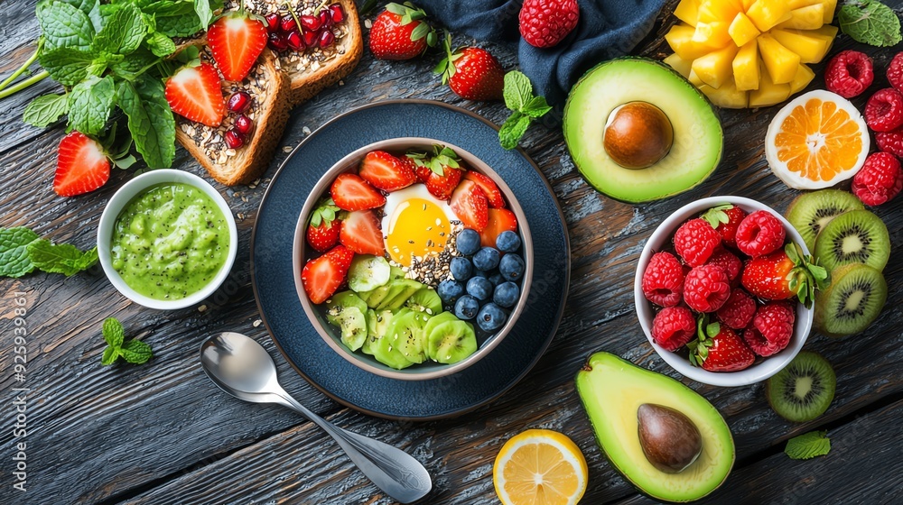 Delicious and colorful breakfast bowl with fresh fruit, avocado, and mint. Delicious and colorful breakfast bowl with fresh fruit, avocado, and mint.
