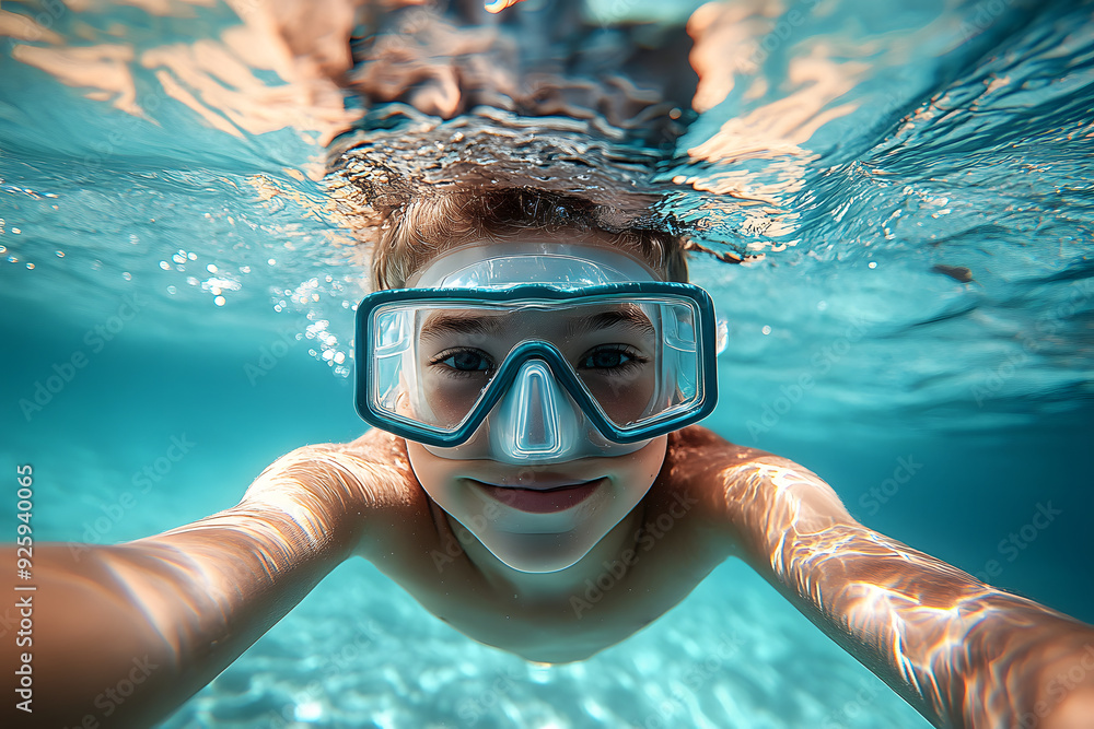 Naklejka premium School boy underwater wearing goggles takes selfie while snorkeling in clear water. Travel adventure and excitement of exploring marine life. Vacation timespending activitity diving snorkeling concept