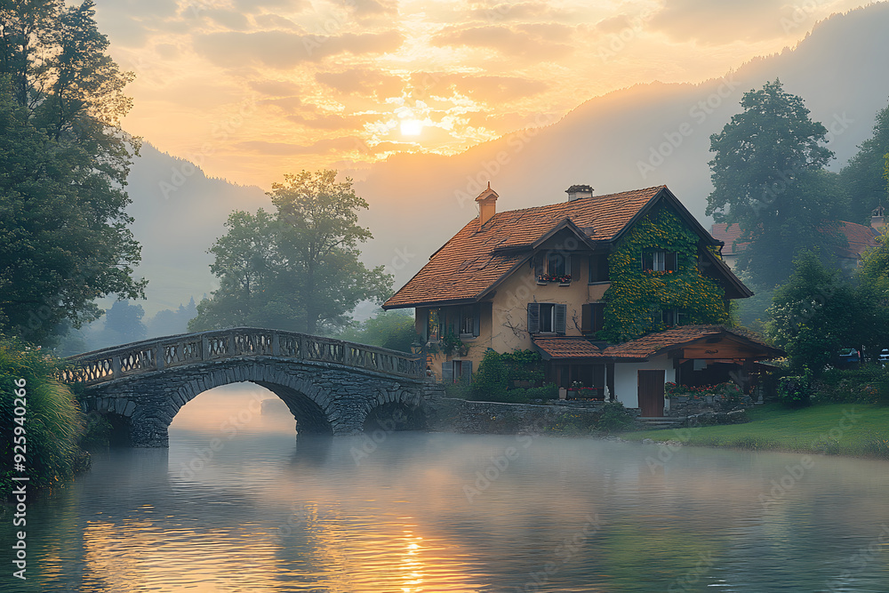 Fototapeta premium Morgenzauber an der alten Brücke: Ein friedliches Schweizer Dorf